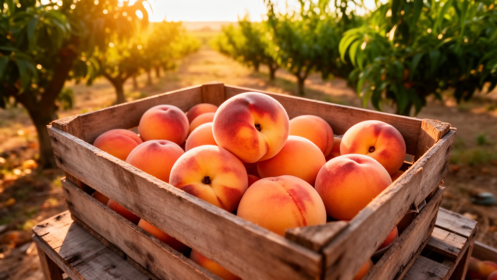 Fresh Palisade peaches in a rustic wooden crate at an orchard
